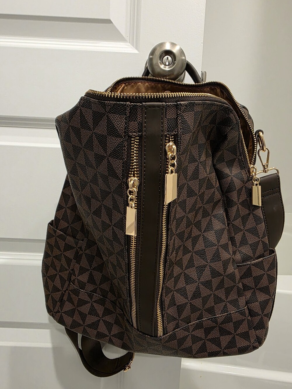 Women's Brown Geometric Backpack with Gold Hardware